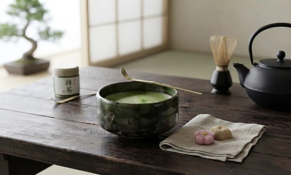 A bowl of whisked matcha with a bamboo whisk, tetsubin kettle, and wagashi sweets