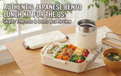 A Japanese lunch kit laid out — SKATER 2-tier bento box, THERMOS soup jar, SKATER 540ml insulated food jar, THERMOS portable mug and 7L insulated lunch bag