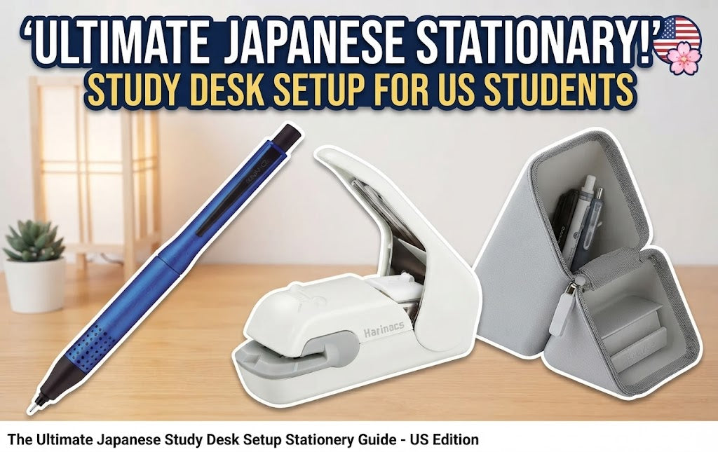 Tidy study desk with a navy Kuru Toga mechanical pencil, an ivory SONIC study timer, a light blue Kakusta pen stand, a white staple-free stapler and a navy A5 pouch