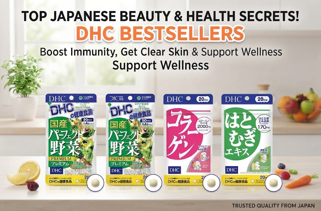 FANCL Perfect Slim, Shinnippai Probiotic Green Juice, DHC Multivitamin, Earth Collagen Jelly, and DHC Nattokinase featured in a Smikie Japan daily wellness roundup
