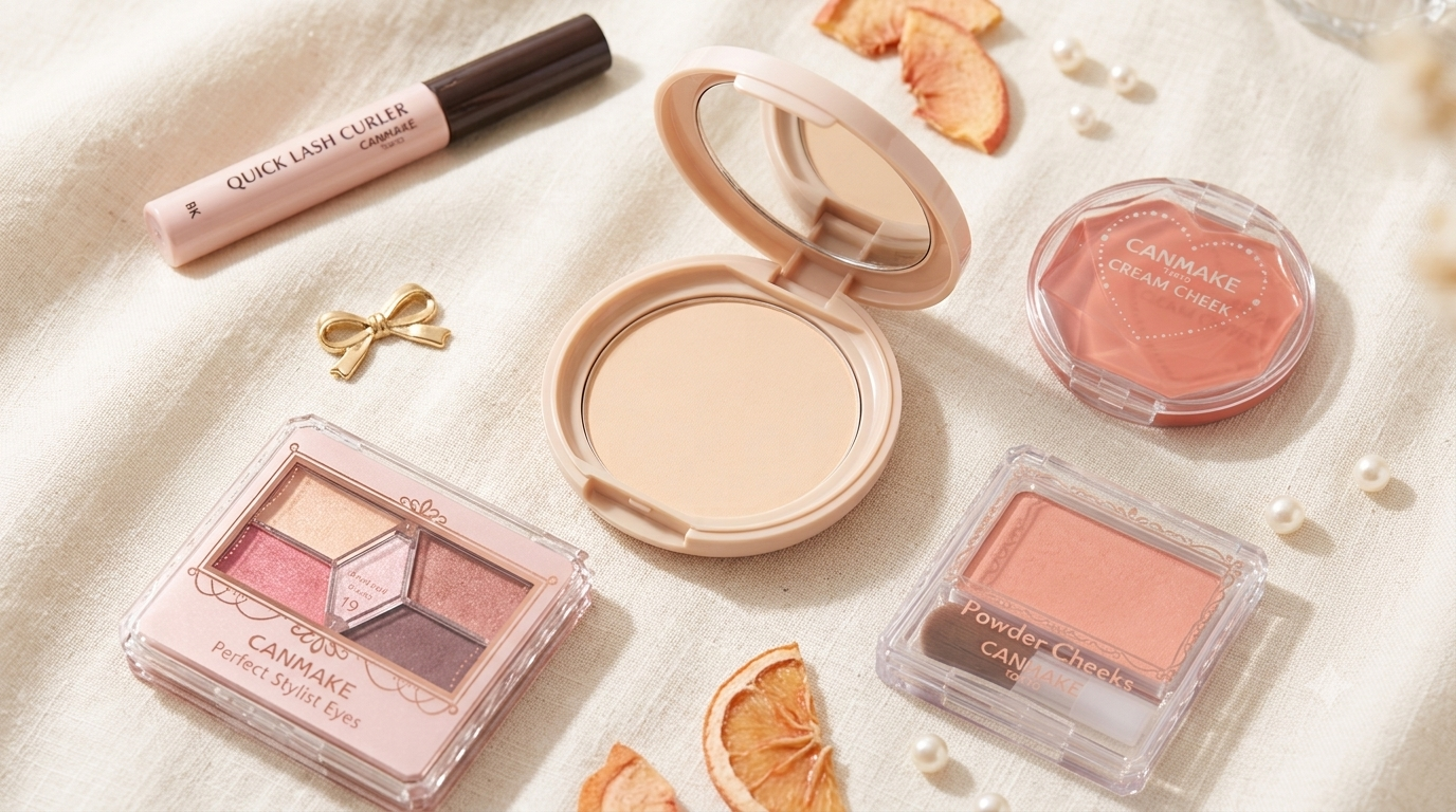 Full face of CANMAKE Japanese drugstore makeup laid out from primer to mascara (PH)