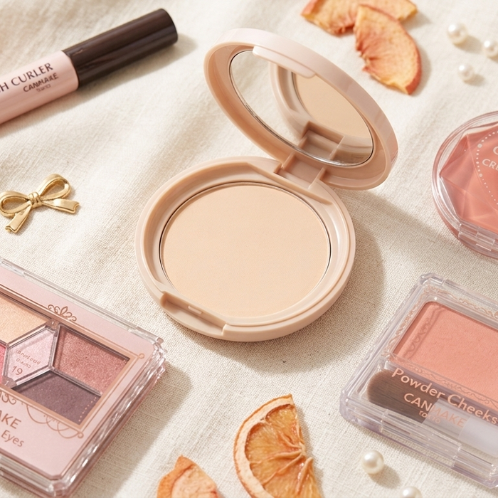 Full face of CANMAKE Japanese drugstore makeup laid out from primer to mascara (PH)