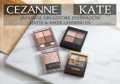 CEZANNE and KATE drugstore eyeshadows in sheer brown, matte, glitter, and pearl finishes featured in a Smikie Japan layering roundup