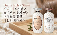 부드럽고 윤기 있는 머릿결을 위한 Diane Perfect Beauty Extra Shine 샴푸와 트리트먼트를 소개하는 이미지