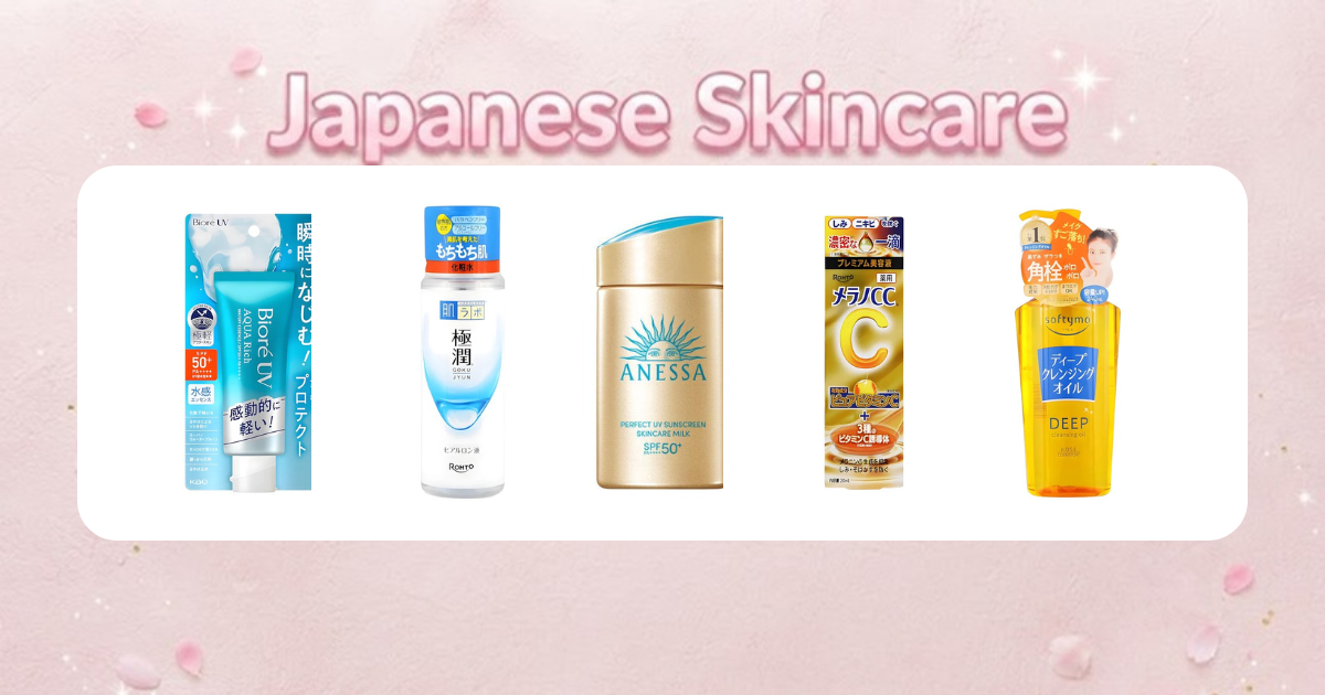 Japanese skincare products trending on TikTok, including Biore UV Aqua Rich sunscreen and Melano CC vitamin C serum