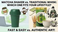 YOSHiMURA Matcha Shakers in five Japanese colors next to an Ito En Oi Ocha Matcha 30g pouch and an iced matcha latte
