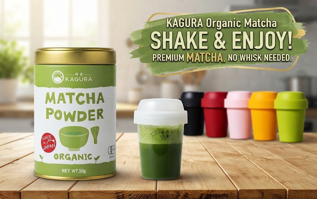 Build a no-whisk matcha kit: YOSHiMURA's Kaga Yamanaka-nuri Shaker in 5 colors, paired with Kagura Organic Matcha Powder.