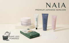 NAIA sake lees skincare lineup on a light background