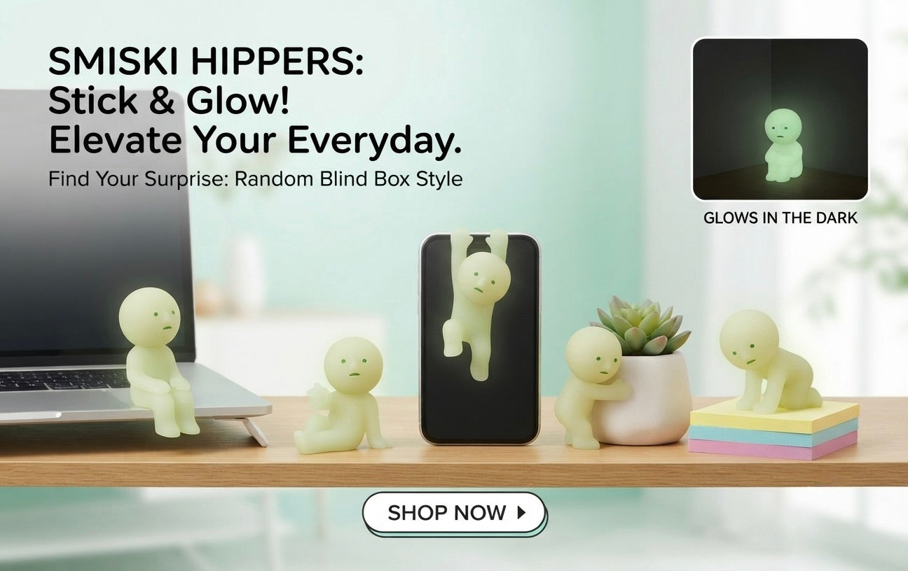 SMISKI glow-in-the-dark blind-box figures from Japan displayed on a desk
