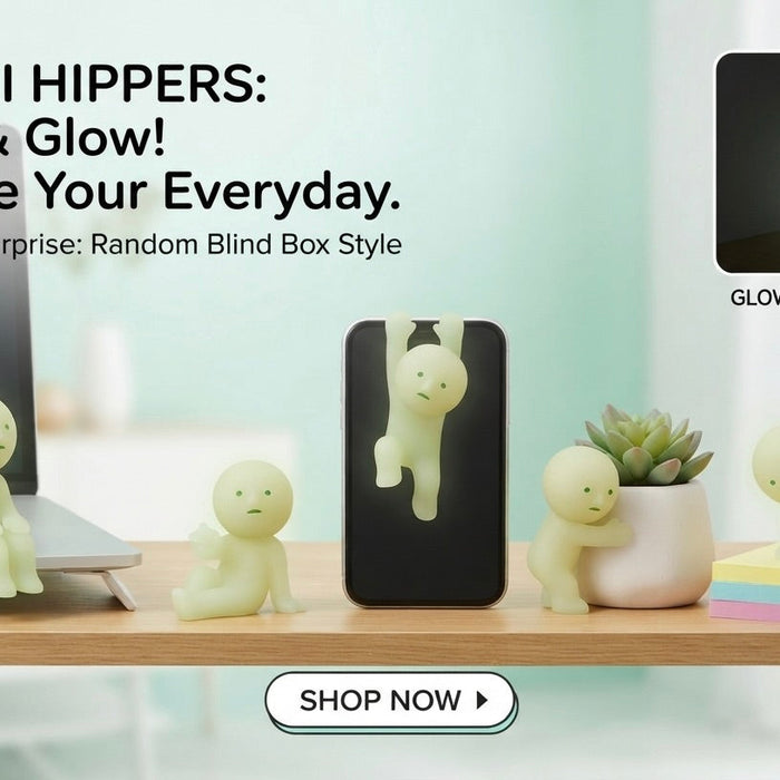 SMISKI glow-in-the-dark blind-box figures from Japan displayed on a desk