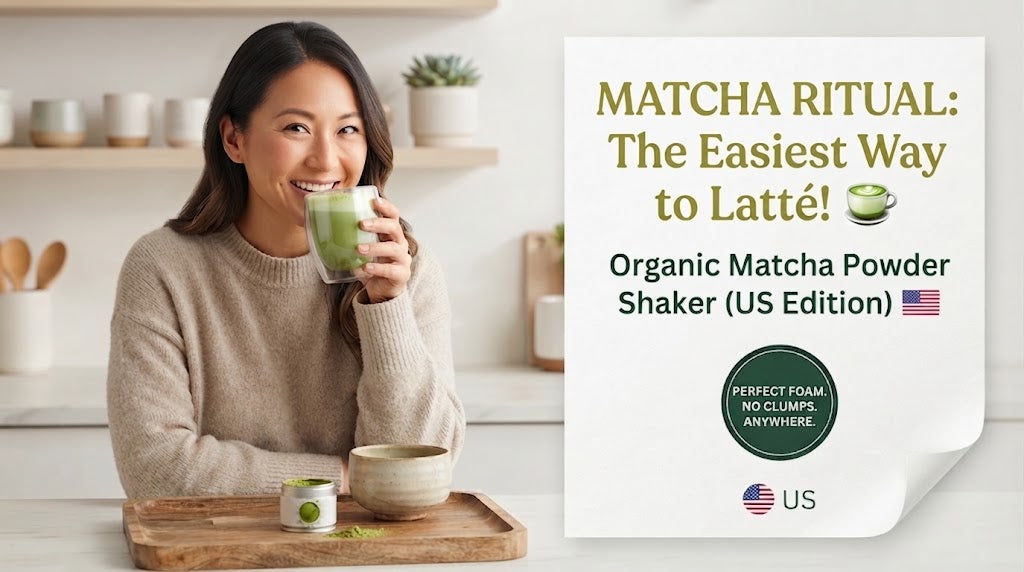 Kagura organic matcha powder and YOSHiMURA matcha shakers in four colors featured in a Smikie Japan roundup