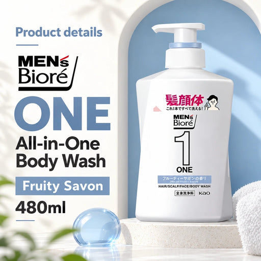 Men's Biore ONE Whole Body Cleanser Fruity Soap Scent/Herbal Green/2in1 Hair & Skin Smooth/Refills Avaialable 480ml — Product details