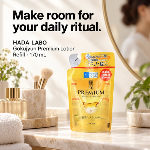 Rohto Hada Labo Gokujyun Premium Hyaluronic Acid Lotion Refill 170ml — Usage illustration