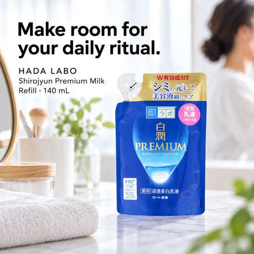 Rohto Hada Labo Shirojyun Premium Penetrating Brightening Milk Refill 140ml — Usage illustration