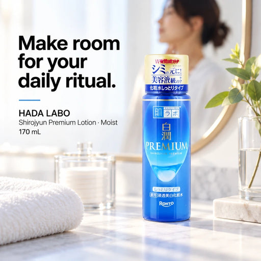 Rohto Hada Labo Shirojyun Premium Penetrating Brightening Lotion Moist 170ml — Usage illustration