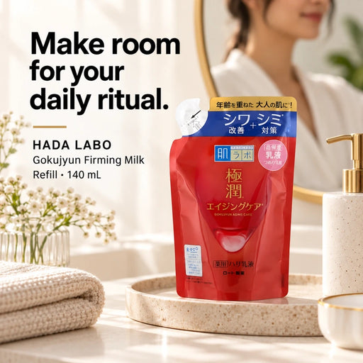 Rohto Hada Labo Gokujyun Firming Milk Refill 140ml — Usage illustration