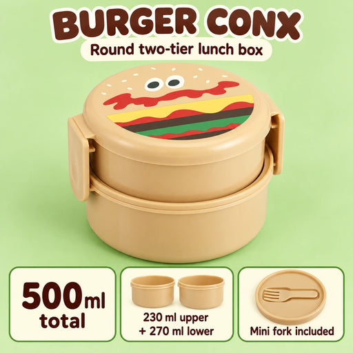 Skater Round 2-Tier Lunch Box With Mini Fork BURGER CONX 500ml — Product details