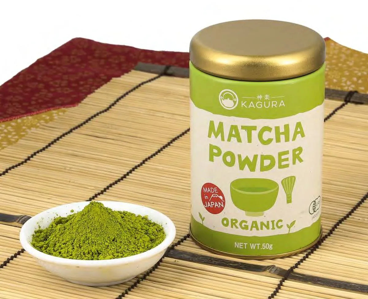 KAGURA Organic Matcha tin and a bowl of whisked matcha powder