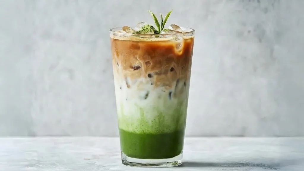 A layered dirty matcha drink in a tall glass with espresso swirled over milk and matcha