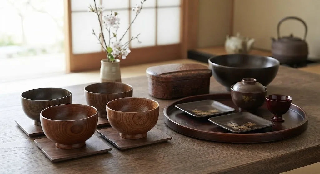 A curated display of finished Kaga Yamanaka-nuri lacquerware pieces — bowls, a tray, and a lacquer box