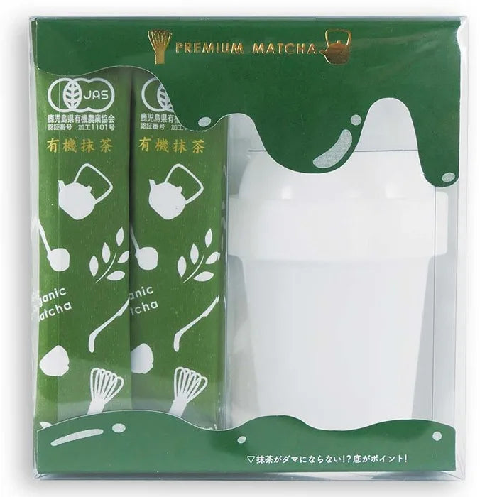YOSHIMURA Premium Matcha retail box, shaker with 2 organic matcha sachets visible