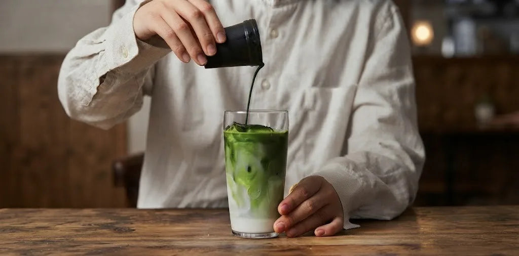 Matcha shaken and poured, ready to mix into a cold drink