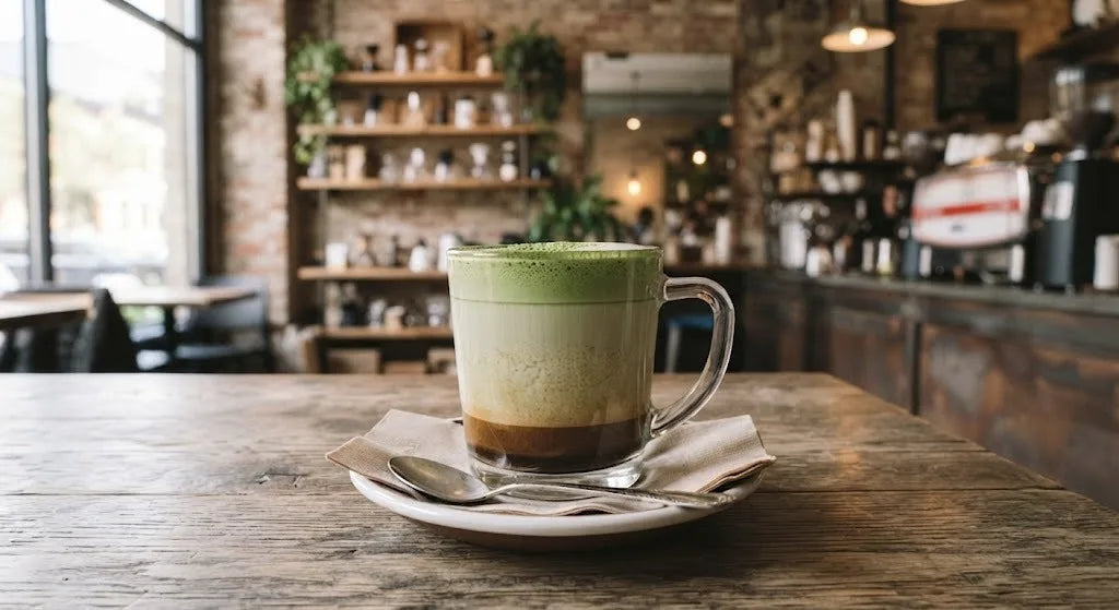 A layered dirty matcha in a glass mug with saucer and spoon, at a US cafe